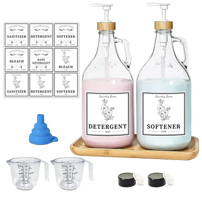 2 Pcs Glass Laundry Detergent Dispenser Bottle, Liquid Laundry Soap Dispenser for Laundry Room, 64oz Detergent Bleach Softener Dispenser for Farmhouse Decor, Includes Bamboo Pumps Tray Funnel Labels