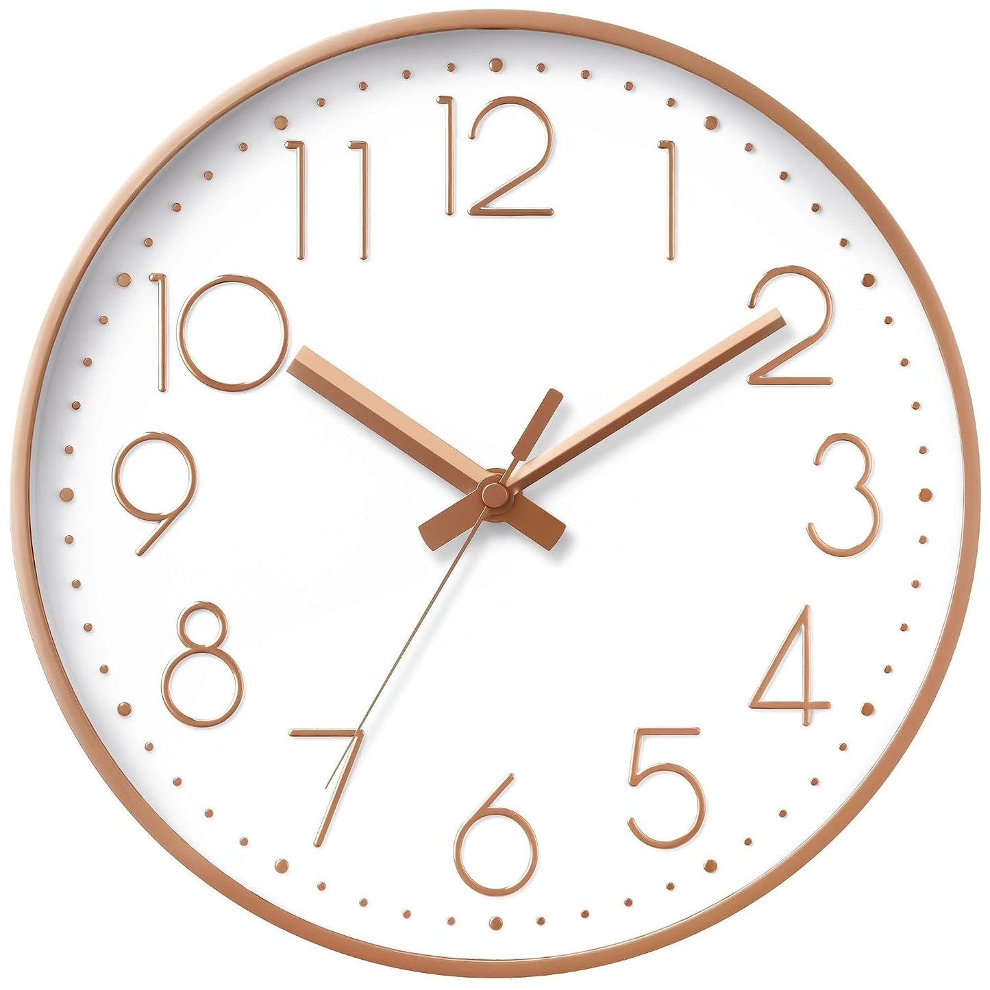 DAXSMY Wall Clock 12 Inch Rose Gold Decorative, Battery Operated Silent | Round; bold 3D numbers easy read; silent non-ticking; battery Operated, 1 AA not included; for bathroom, Living room