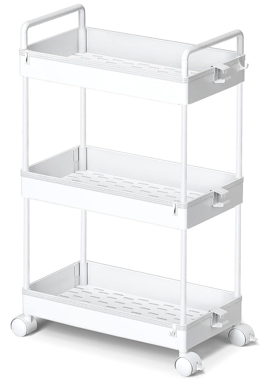 Ronlap 3 Tier Slim Rolling Storage Cart with Wheels Utility Organizer,White | For bathroom, laundry, kitchen, bedside & dorm. Fits art, craft, snack, makeup, nail, diaper & postpartum baby supplies