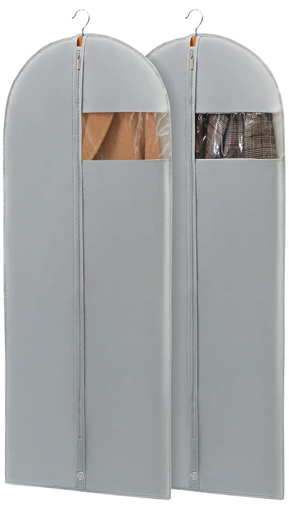 Dress Bags for Gowns, 65'' Long Garment Bags for Hanging Clothes, Dress Garment Bag, Grey Dress Cover with Clear Window for Dresses, Coats, Uniforms - 2 Pack