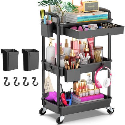 Goovilla 3 Tier Rolling Utility Cart Organizer with Removable Drawer, Black | Stable and Sturdy Rolling Storage Carts with 2 Lockable Wheels for Bathroom, Kitchen, Snack, Craft, Makeup, Baby Essentials