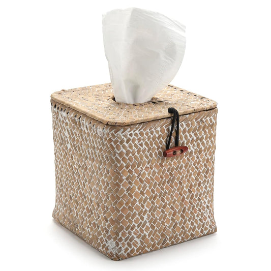 Seagrass Square Tissue Box Cover Woven Napkin Holder Decorative for Bathroom Farmhouse (Whitewash, 5.5 x 5.5 x 5.5 Inch)