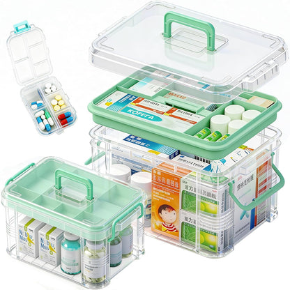 2-Pack Clear Medicine Storage Box Set with Pill Organizer | Portable Stackable with Built-in Handle, Clear View, Divided Tray, Plastic Medicine Cabinet Organizer for Home, Dorm, Travel