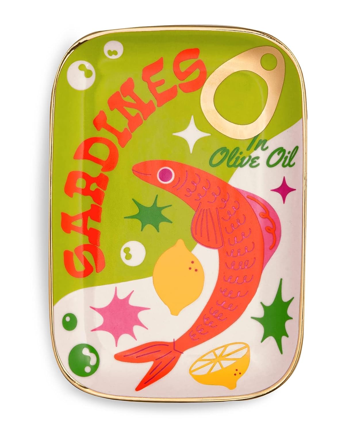 ban.do Novelty Ceramic Trinket Tray, Sardines | 6.5" x 4.5" Jewelry Dish, Small Decorative Tray for Keys or Decor, Cute Food Theme Catchall Tray with Gold Foil