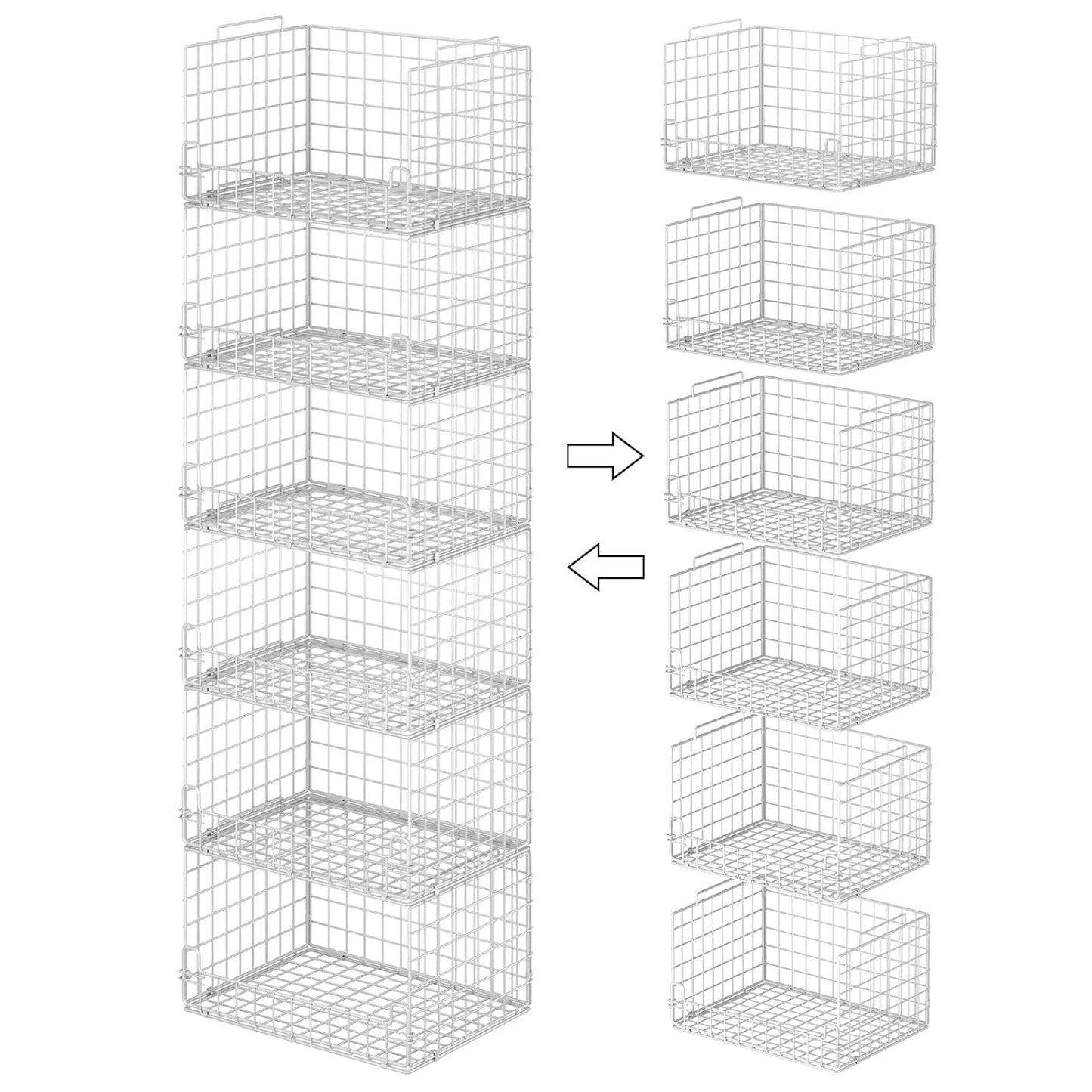 6-Tier Stackable Closet Organizers and Storage Basket - Foldable Closet Shelf Organizer System, Sturdy Metal Space-Saving Clothes Storage Bins for Wardrobe, White