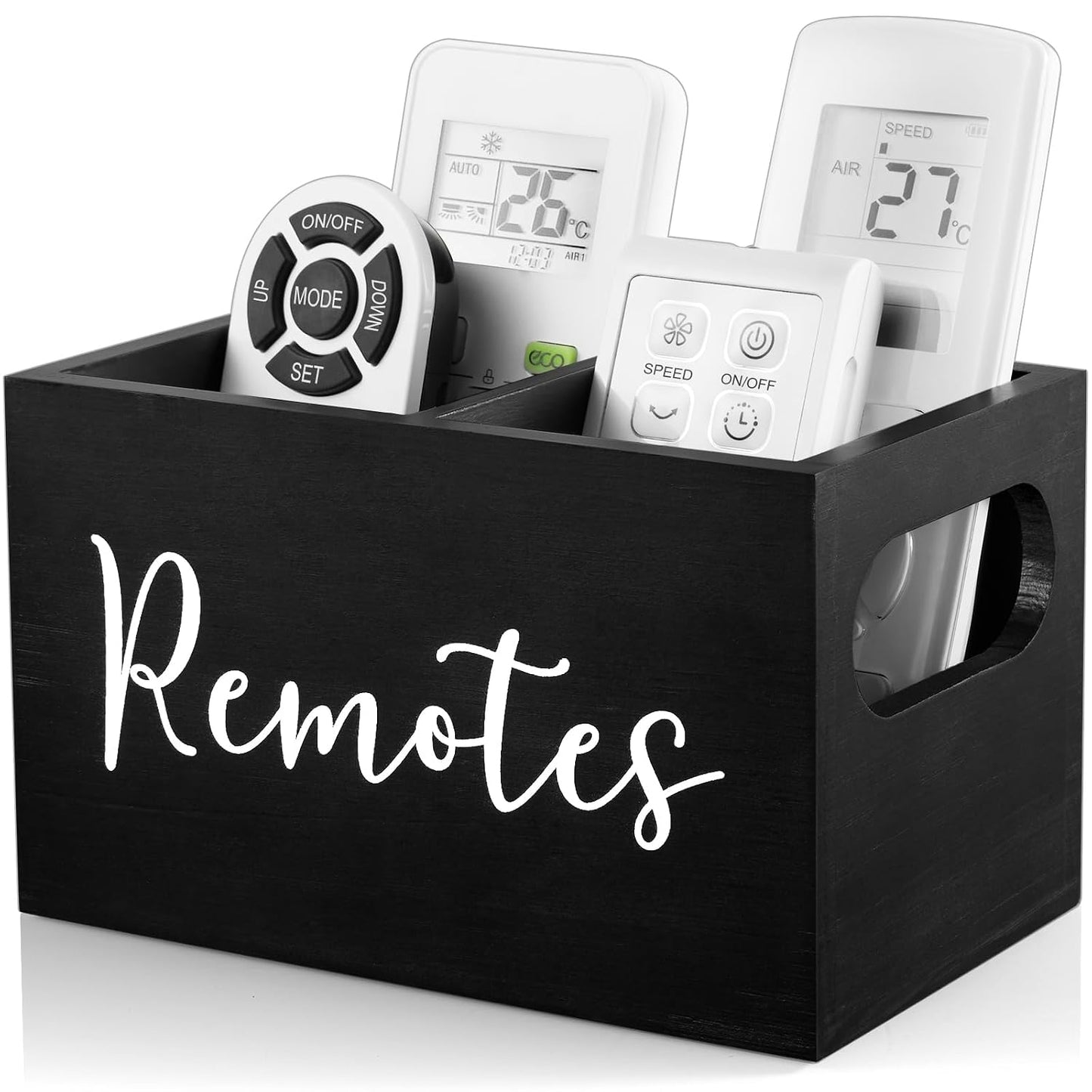 DRASTAR Remote Control Holder, Wood TV Remote Holder, Remote Storage Caddy, Remote Control Organizer (Black, 2 Slots)
