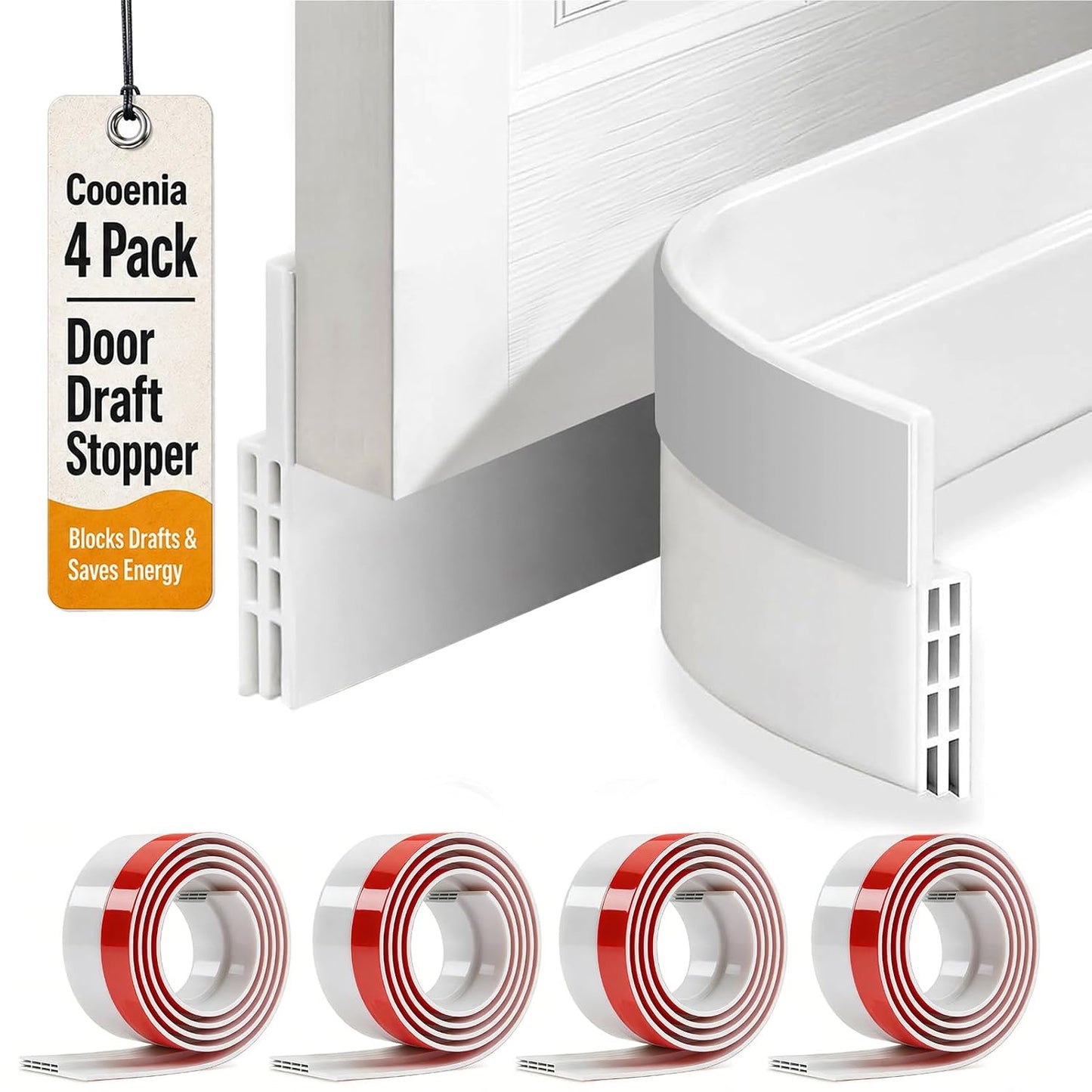 4 Pack Door Draft Stopper, Door Sweep for Bottom of Door,2''W X 39''L,White | Blocker Draft Noise Cold Air, Strong Adhesive, Energy Saving Door Gap Filler for Interior & Exterior Door, Quick Installation