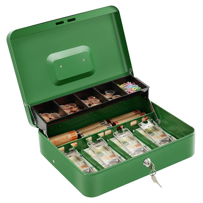 Cash Box with Lock Key and Money Tray - Large Money Box for Cash Register, Metal Lock Box for Money Safe 11.8" x 9.4" x 3.54" Green