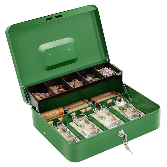 Cash Box with Lock Key and Money Tray - Large Money Box for Cash Register, Metal Lock Box for Money Safe 11.8" x 9.4" x 3.54" Green