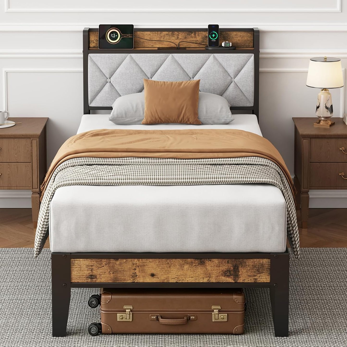 Twin Bed Frame, Headboard with Charging Plug | Upholstered Storage Design With Use, Solid Metal Construction, Noise-Free, No Box Spring Needed, Easy Assembly, Antique Wood