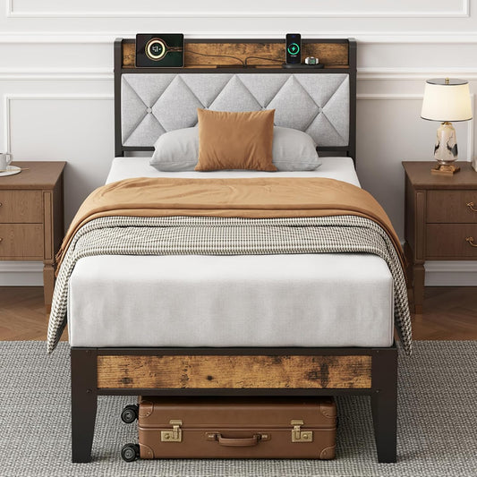 Twin Bed Frame, Headboard with Charging Plug | Upholstered Storage Design With Use, Solid Metal Construction, Noise-Free, No Box Spring Needed, Easy Assembly, Antique Wood