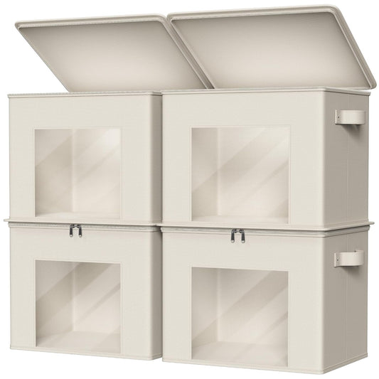 Zilink Fabric Storage Bins with Lid Sweater Closet Organizer, Beige,4 Pack | Stackable, Smooth Zipper, Clear Window, Cloth Storage Bins, Closet Organizers and Storage Box for Home, Office, Bedroom