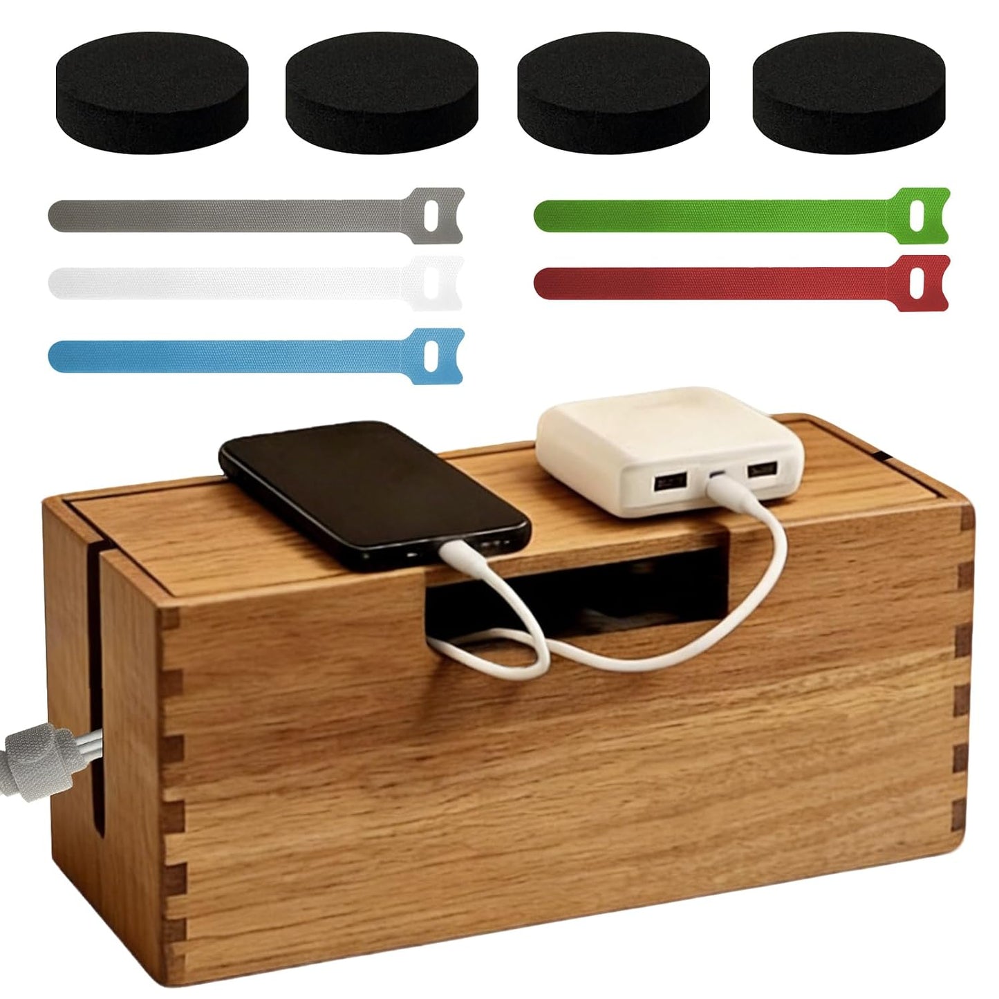 Acacia Wood Cable Management Box, Wooden Cord Hider Organizer for Power Strip, Desk/Floor/TV Wire Storage, Under Desk Cable Organizer for Home Office