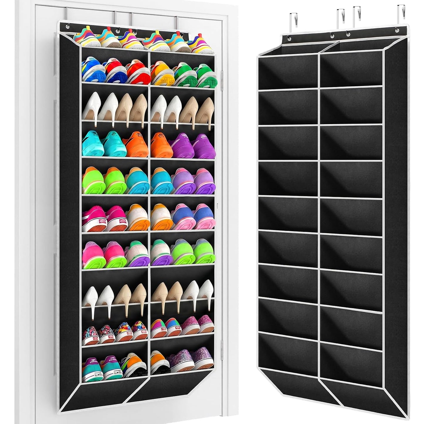 Yecaye 30 Pairs Over the Door Shoe Organizer, Large Capacity Hanging Shoe Rack for Door Hanger with Deep Pockets, Heavy Duty 10 Tier Shoe Holder for Sneakers Boots Heels College Dorm Essentials, Black