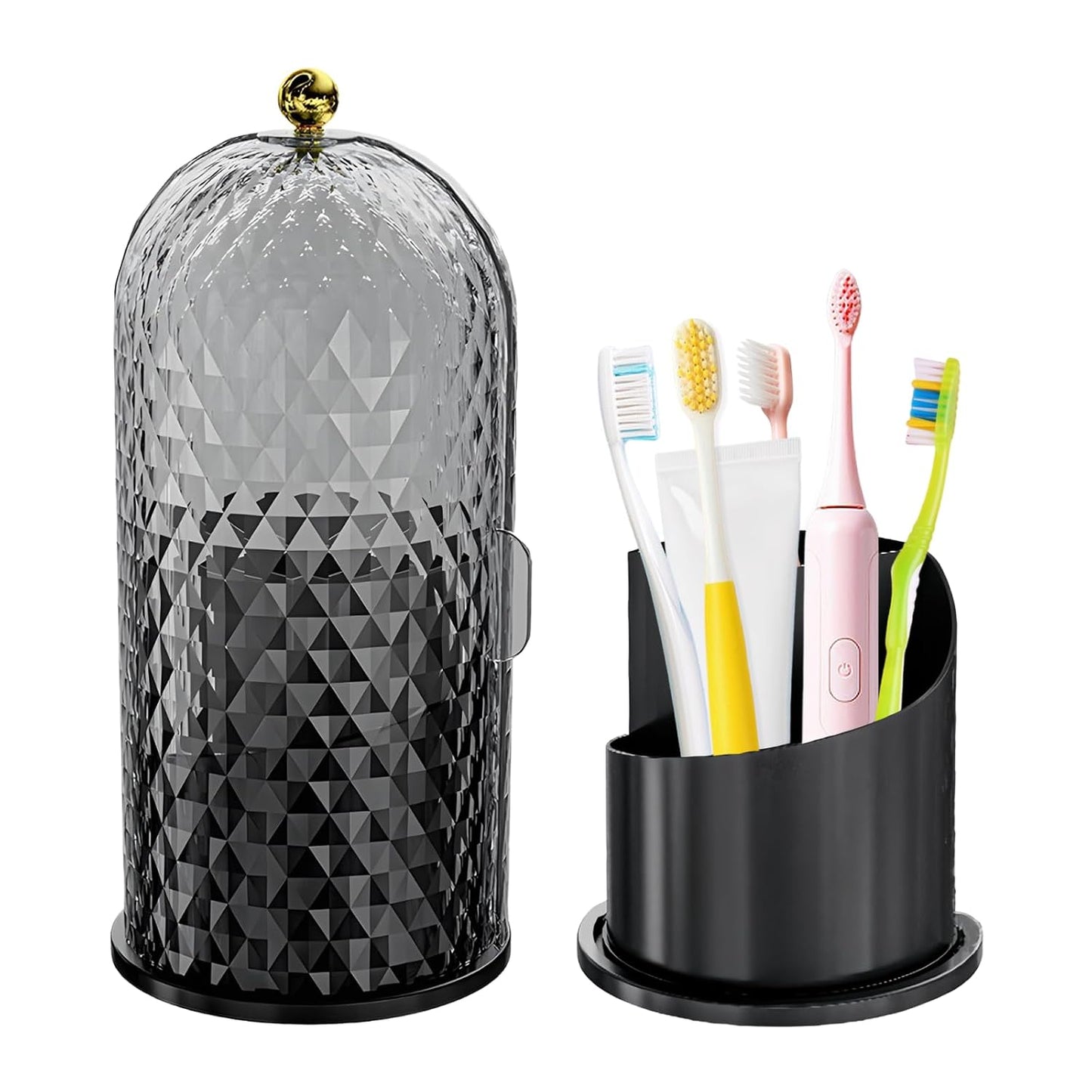 Multifunctional Rotating Toothbrush Holders with Sliding Lid, The 3-Slot Bathroom Countertop Vanity Organizer Perfect for Tooth Brush, Toothpaste, and Makeup Brushes Holder Storage (Black)