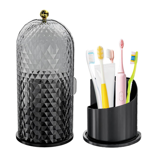 Multifunctional Rotating Toothbrush Holders with Sliding Lid, The 3-Slot Bathroom Countertop Vanity Organizer Perfect for Tooth Brush, Toothpaste, and Makeup Brushes Holder Storage (Black)