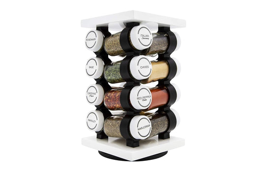 16 Jar Rotating White Spice Rack | Spices Included, 5-Year Spice Refill Program, Compact Countertop, Glass Jars
