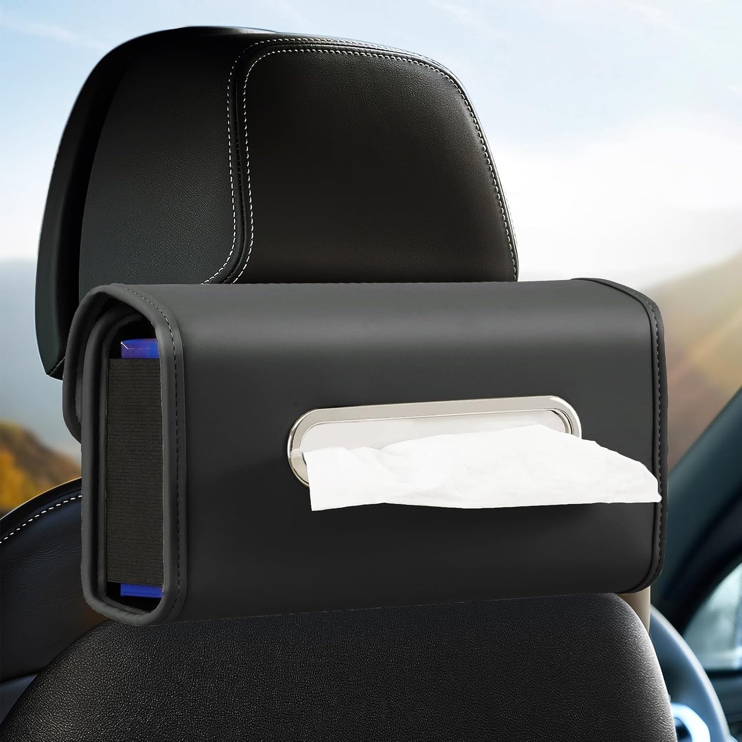 Large Car Tissue Holder, Refill Easily Clamshell Opening, Black 1PC | Tissue Box Cover Keep Car Tidy, Premium PU Leather Backseat Napkin Rectangle Organizer in Auto, Fits 100-150 Count Tissues