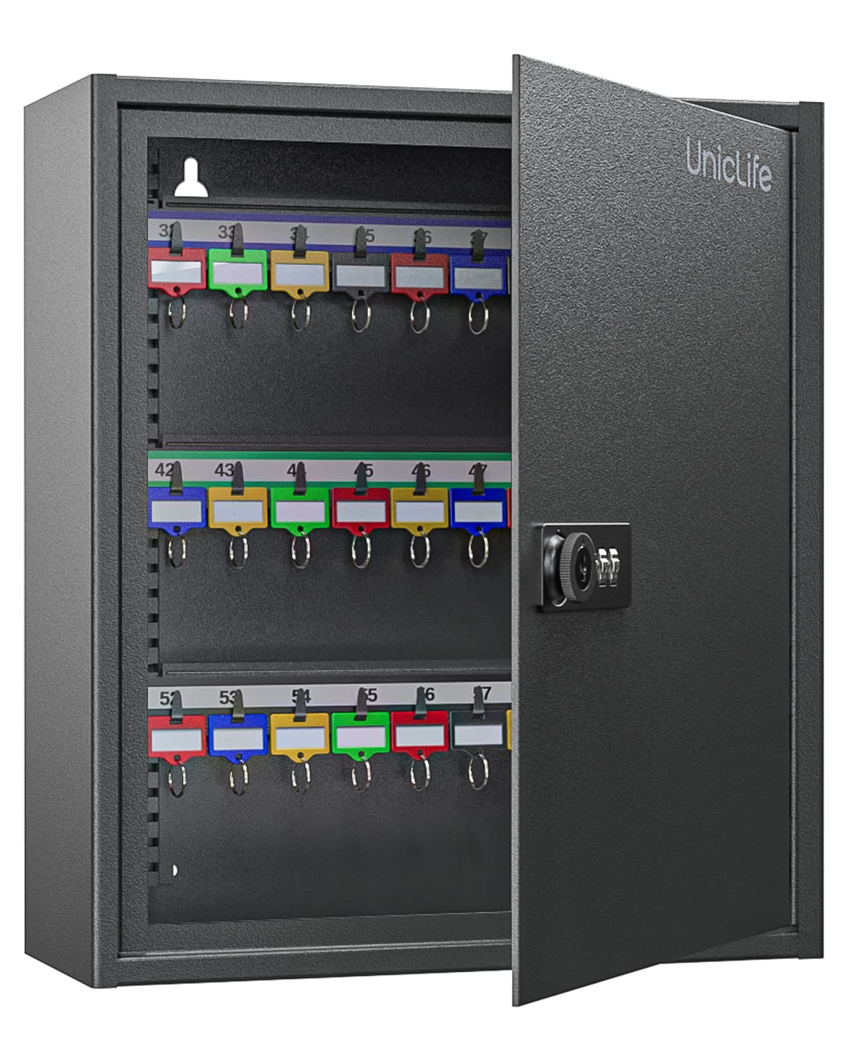 Uniclife 60 Position Steel Key Cabinet with Combination & Key Lock, Black | Wall mount key box, resettable 4-digit code lock, 2 backup keys, thickened steel, large capacity, adjustable racks & labels