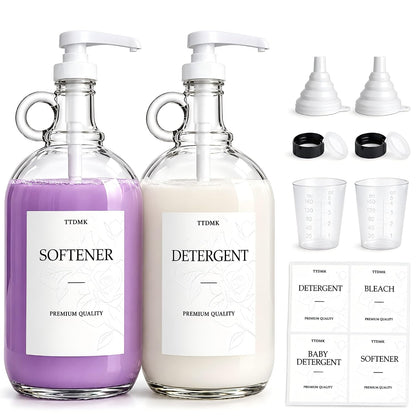 2 Pack Glass Laundry Detergent Dispensers, 64 oz Half Gallon Bottles | Includes Pumps, Waterproof Labels, Funnels and Measuring Cups. Ideal for Organizing Laundry Detergent and Fabric Softener.