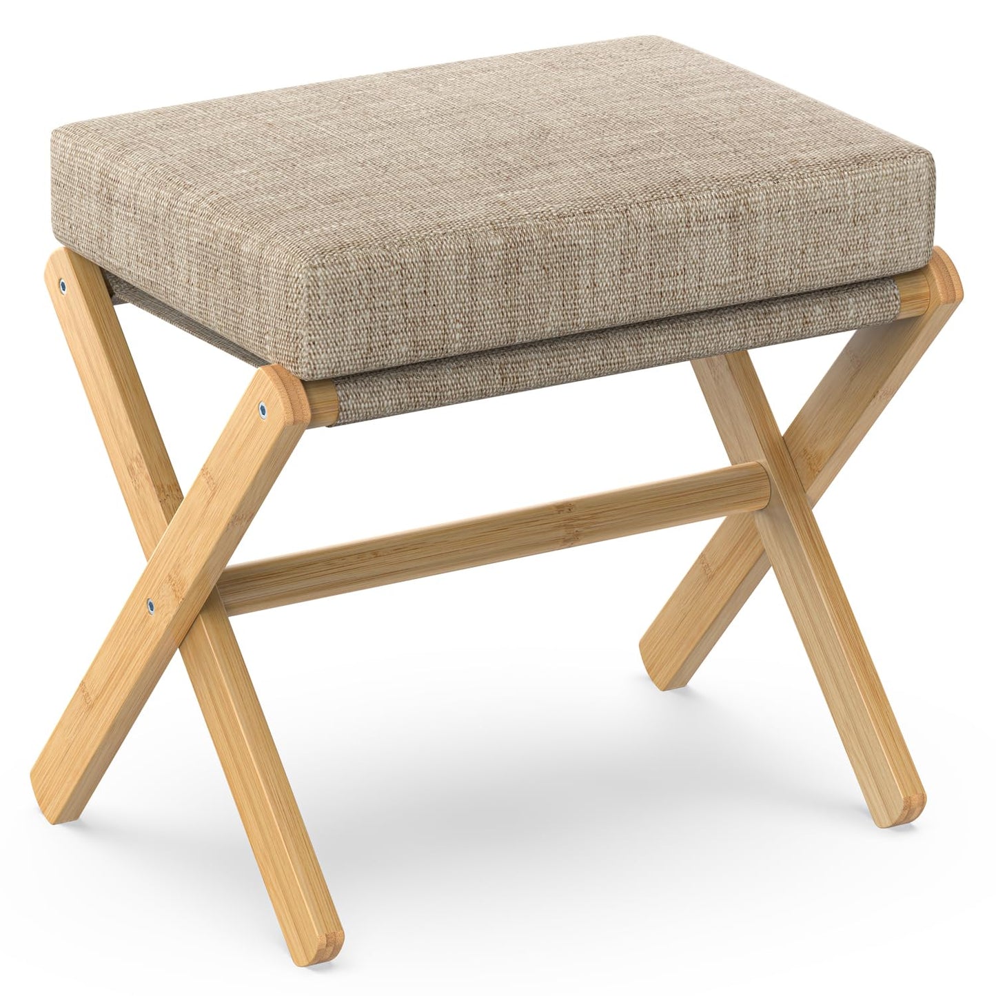 Foldable Foot Stool Ottoman, Modern Foot Rest with Bamboo X Legs & Thick Foam Cushion, Folding Foot Stools Small Padded for Bedroom Living Room, Footstool for Chair Couch (Natural - Brown)