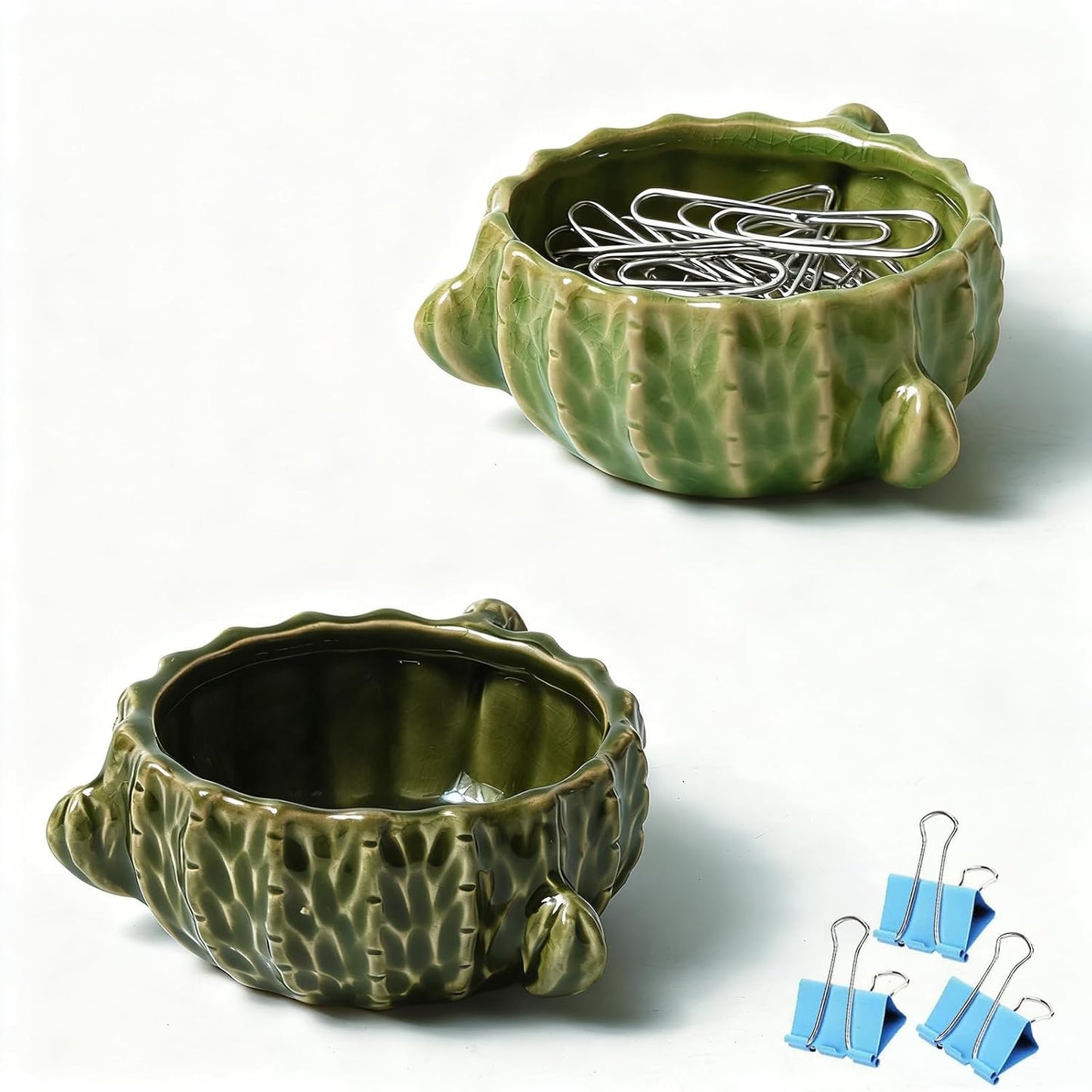2 Pack Cactus Ceramic Paper Cilp Holder, Western Office Desk Decor | Cute Binder Clip Box with Non-Slip Bottom, Ideal for Home Vanity, Office Desk to Keep Bobby Pin, Hair Clip and Tiny Items