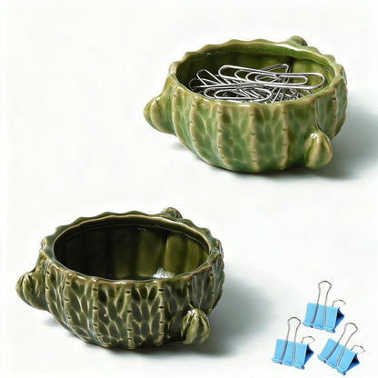 2 Pack Cactus Ceramic Paper Cilp Holder, Western Office Desk Decor | Cute Binder Clip Box with Non-Slip Bottom, Ideal for Home Vanity, Office Desk to Keep Bobby Pin, Hair Clip and Tiny Items