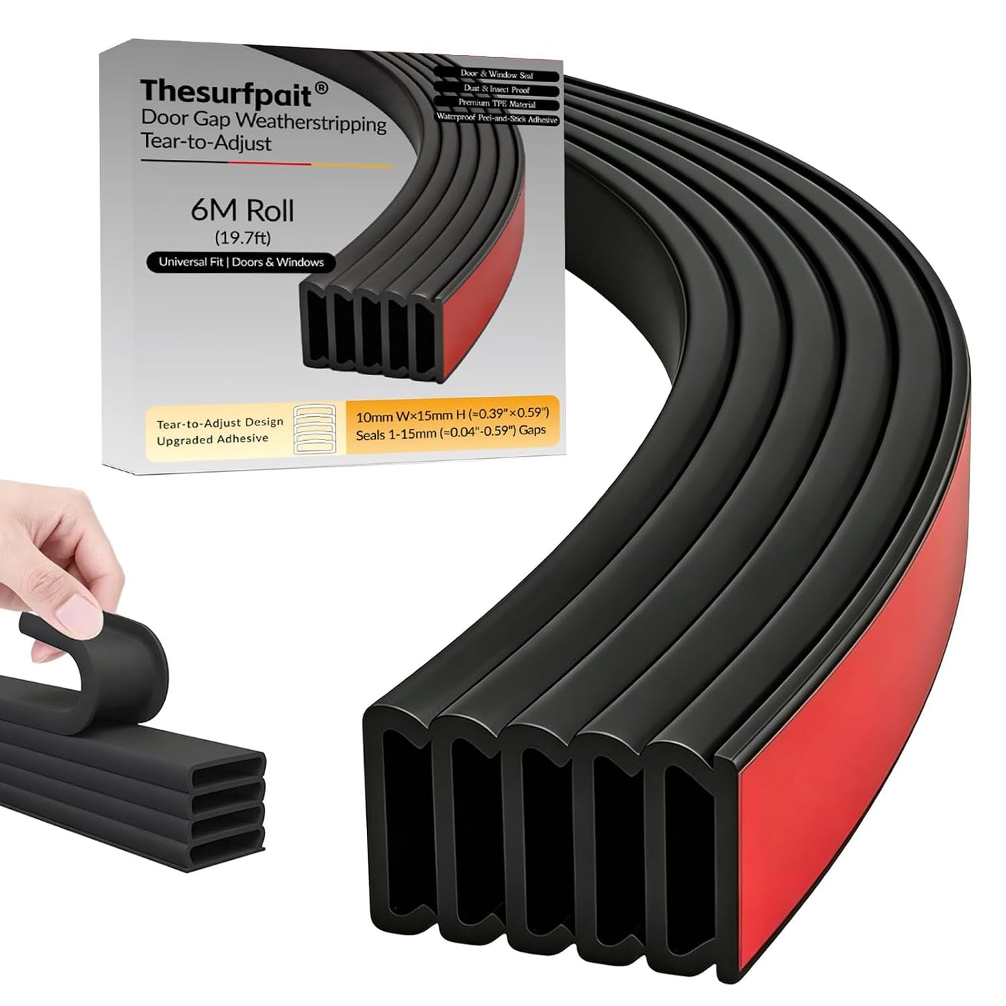 5-Layer Self-Adhesive Weather Stripping Door Seal, Soundproof Draft Stopper for Interior Exterior Doors & Windows, Dustproof Windproof, 19.7Ft (Black)
