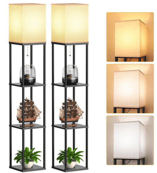 Floor Lamp with Shelves for Living Room 2 Pack, Shelf Floor Lamp with 3 CCT LED Bulb, Corner Display Standing Column Lamp Etagere Organizer Tower Nightstand with White Linen Shade for Bedroom, Office