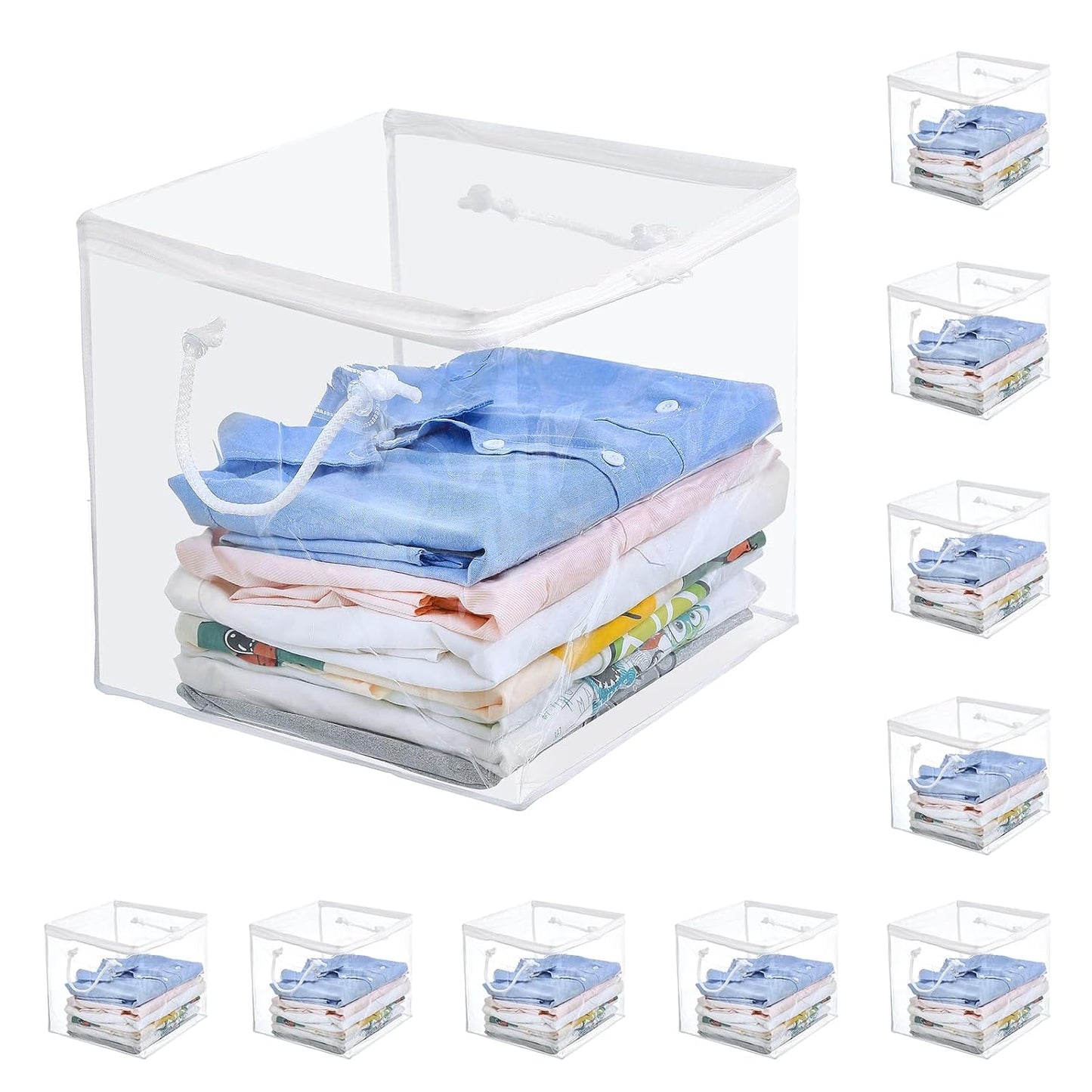 10-Pack Clear Zippered Storage Bags with Handles, Two-Way Zipper Foldable Closet Organizer, Bed Sheet Organizer, Plastic Storage Bin for Clothes, Towels