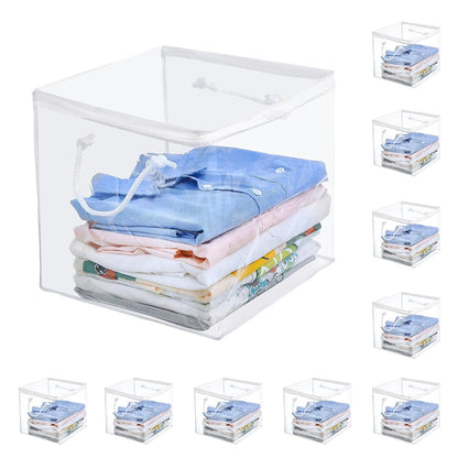 10-Pack Clear Zippered Storage Bags with Handles, Two-Way Zipper Foldable Closet Organizer, Bed Sheet Organizer, Plastic Storage Bin for Clothes, Towels
