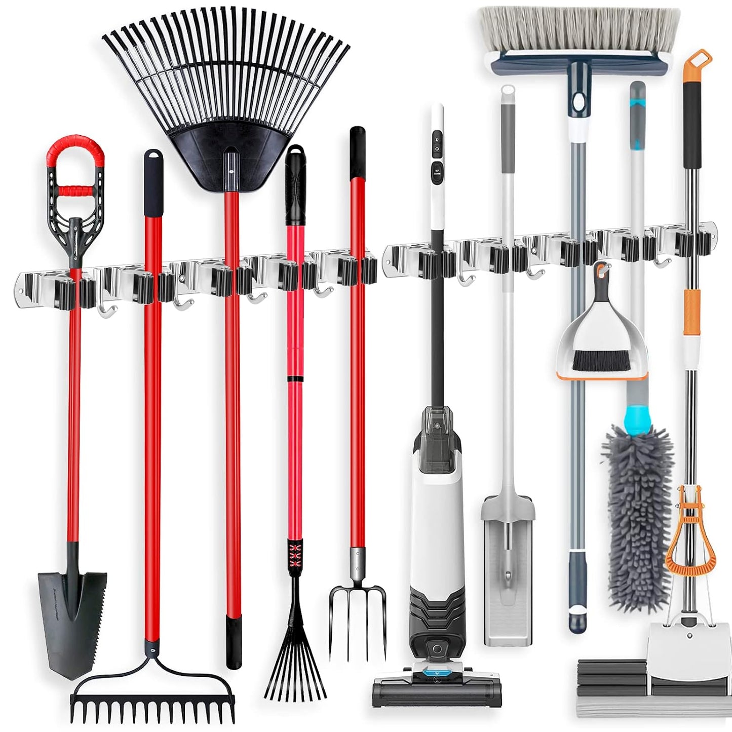 IMILLET 2 Pack Broom Holder Wall Mount Stainless Steel Mop Organizer | 5 Racks 4 Hooks Heavy Duty Garage Organization Storage,Broom and Mop Organizer Wall Hanging Self Adhesive for Laundry Room