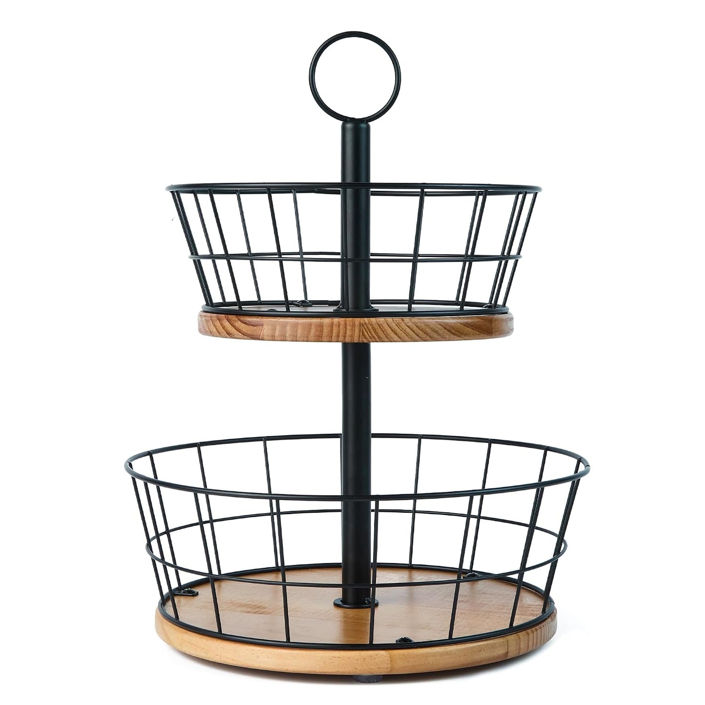 2 Tier Fruit Bowl - Sturdy Iron Wire Fruit Basket with Real Wood Base, 12 Inch Large Fruit Basket for Kitchen Counter, Anti-Slip Silicone Pads, 2 Tier Fruit and Vegetable Storage Solution