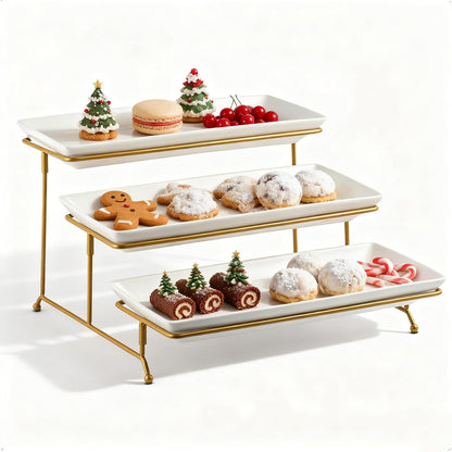 3 Tier Serving Tray for Party, Tiered Serving Plat... (Gold Stand | Ceramic)
