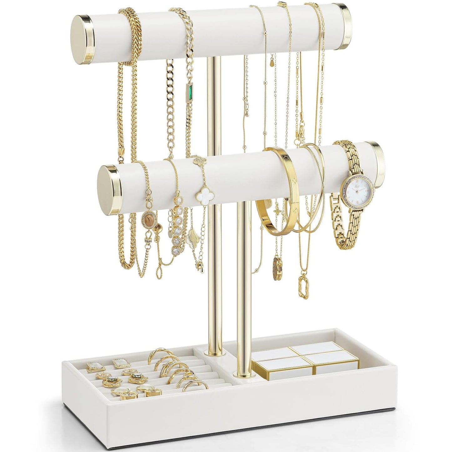VLANDO 2 Tier Bracelet Holder with Tray - Leather Jewelry Stand Organizer for Women - Necklace Holder Display for Necklace, Watches, Rings, Earrings, Bangle, Scrunchie - White
