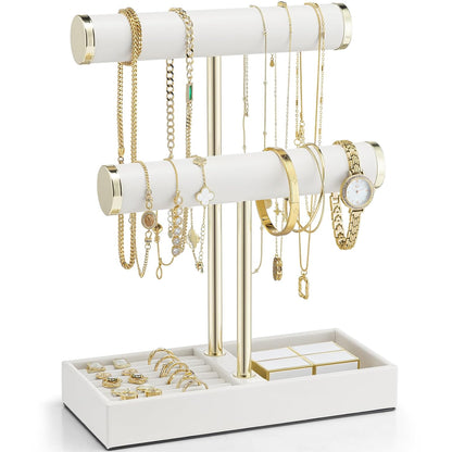 VLANDO 2 Tier Bracelet Holder with Tray - Leather Jewelry Stand Organizer for Women - Necklace Holder Display for Necklace, Watches, Rings, Earrings, Bangle, Scrunchie - White