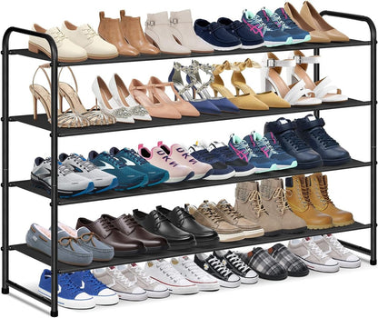 4 Tier Long Shoe Rack for Closet Floor, Wide Shoe Shelf Storage Organizer 30-Pairs Stackable Sneaker Organizer for Closet, Bedroom (Black)