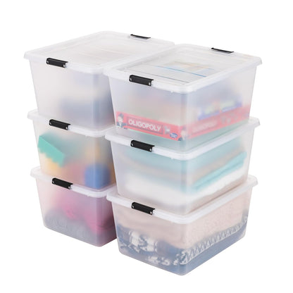 IRIS USA 6-Pack 32 Quart Clip Box with Latching Lid | Latching lid secures office and household supplies. Stackable, nestable design maximizes storage space