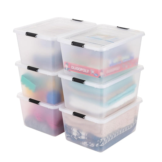 IRIS USA 6-Pack 32 Quart Clip Box with Latching Lid | Latching lid secures office and household supplies. Stackable, nestable design maximizes storage space