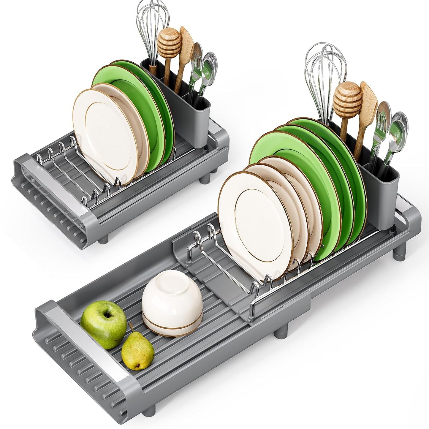 TOOLF Small Dish Drying Rack, Expandable and Space-Saving, Gray | Mini Dish racks for kitchen counter, Compact Design Fits Sink or Counter, Stainless Steel Plate Rack, 11"-19.3"L×7.7"W×3.54"H