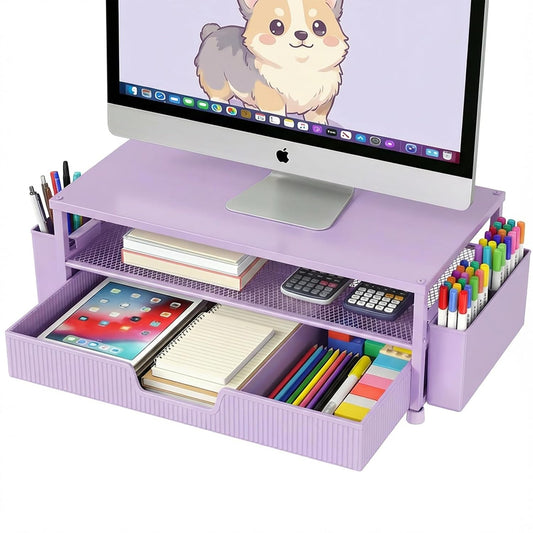ECOLOVI Desk Organizer and Accessories, 2-Tier Computer Monitor Stand Rise with Storage Drawer & 2 Pen Holders, Laptop & Printer Stand for Desktop, Workspace Organizers for Office Supplies (Black)