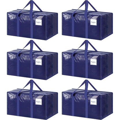 6 Pack Extra Heavy Duty Large Moving Bags with Strong Zipper, Dark Blue | Comfortable Handles, Sturdy & Durable Clothes Storage Bags Totes Bins, Blue Packing Moving Boxes for College Supplies