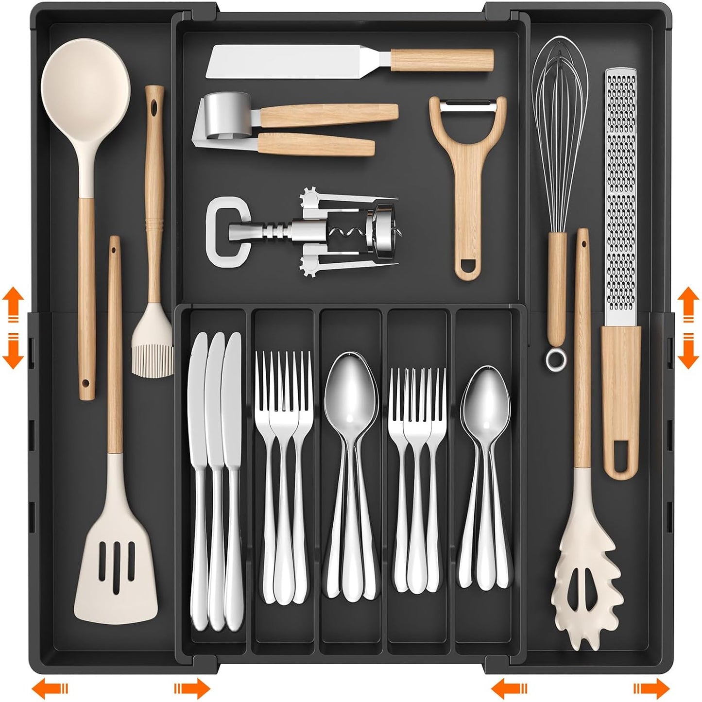 Lifewit Silverware Drawer Organizer, Expandable Utensil Tray for Kitchen, BPA Free Flatware and Cutlery Holder, Adjustable Plastic Storage for Spoons Forks Knives, 5-8 Slots, Black