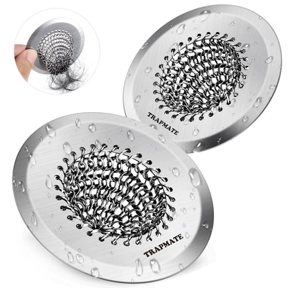 TRAPMATE 2PCS Bathtub Drain Strainer, 2.8" Patented Reversible Shower Tub Drain Hair Catcher, 304 Stainless Steel Drain Cover Protector fits Bathtub & Wash Basin, for Drains Under 2.5 Inches