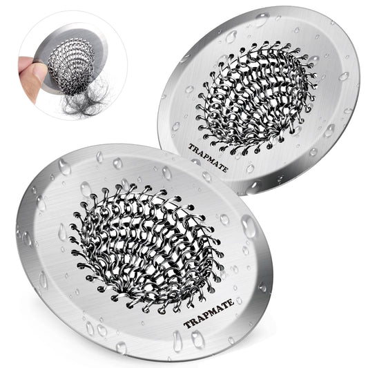 TRAPMATE 2PCS Bathtub Drain Strainer, 2.8" Patented Reversible Shower Tub Drain Hair Catcher, 304 Stainless Steel Drain Cover Protector fits Bathtub & Wash Basin, for Drains Under 2.5 Inches