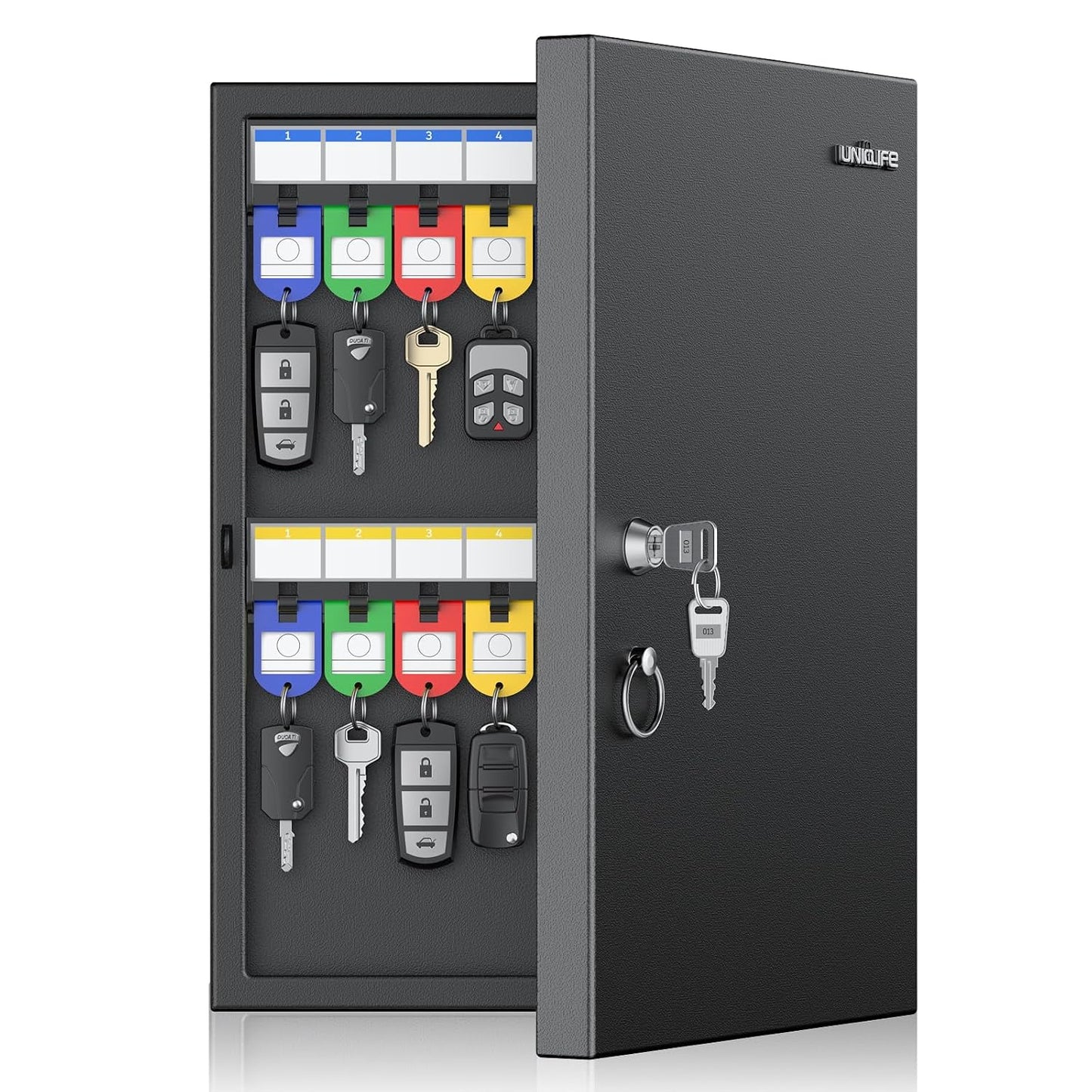Uniclife 32 Position Key Lock Box, Wall Mount Security Key Cabinet, Black | Wider hook spacing fits car fobs, writable racks & tags for quick ID, easy mount, sturdy lock box for office hotel & company