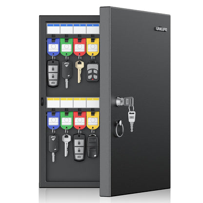 Uniclife 32 Position Key Lock Box, Wall Mount Security Key Cabinet, Black | Wider hook spacing fits car fobs, writable racks & tags for quick ID, easy mount, sturdy lock box for office hotel & company
