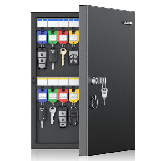 Uniclife 32 Position Key Lock Box, Wall Mount Security Key Cabinet, Black | Wider hook spacing fits car fobs, writable racks & tags for quick ID, easy mount, sturdy lock box for office hotel & company