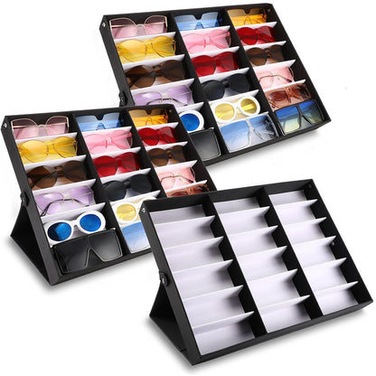 Soaoo 3 Pcs 18 Slot Sunglasses Organizer Storage Holder Eyeglasses Display Case Tray with Stand Fabric Lined Jewelry Storage Box