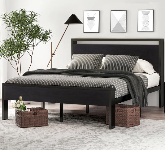 SHA CERLIN Full Size Bed Frame, Wooden Headboard and Footboard, Black Oak | Rounded Corners, 12 Metal Slats, Noise-Free Design, 12-Inch Storage, No Box Spring, 40-Minute Assembly